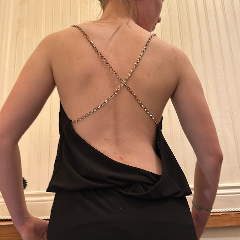 Sz M Black full length dress. Gold chain strap with crystal accents, side slit. - Picture 4 of 7
